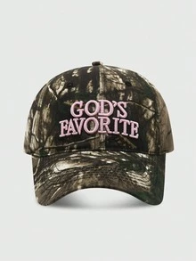 1 pezzo Cappellino da baseball da ragazza con ricamo "God's Favorite", mimetico con schizzi di inchiostro giungla, motivi stampati casuali - A - Visualizzare 5