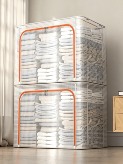 1 stuk transparante PVC opbergdoos met stalen frame, opvouwbare organizer met dubbele ritssluiting, stofvrije opbergcontainer voor dekbedden en kleding in kasten.