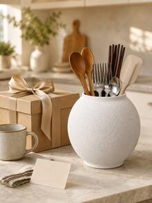 Textured Kitchen Counter Utensil Holder, White Flatware Organizer For Forks Spoons Chopsticks, Dining Table Cutlery Caddy, Cream Farmhouse Kitchen Decor, Apartment Dorm Coffee Bar Storage, Summer Home Gift - Multicolor - View 2