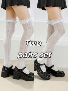 Lace Over-Knee Thigh High Socks – Black & White Sheer Floral Ruffle Stockings, Y2K Gothic Preppy School Style Legwear - Multicolor - View 5