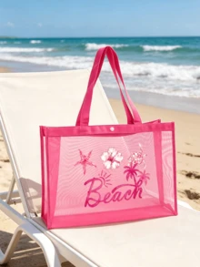 Mesh Beach Tote Bag Set, Large Transparent Shoulder Bag With Mini Makeup Pouch, Waterproof Beach Bag With Beach Letter Print, Snap Closure Summer Pool Tote Bag, Women's Travel Shopping Organizer Bag, Ideal Vacation And Birthday Gift - Multicolor - View 5