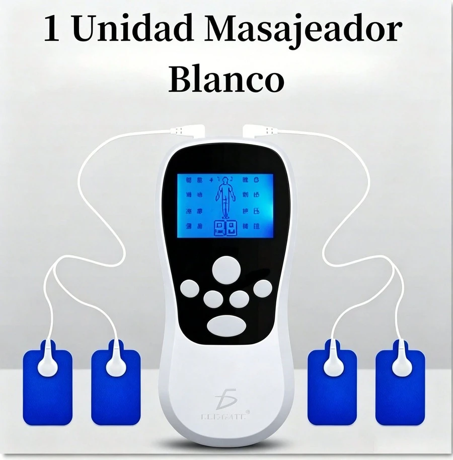 Set de estimulador muscular corporal de pulso digital, incluye aparato masajeador + 4 almohadillas de electrodos, 8 modos y 15 niveles de intensidad, disponible en color verde y blanco. Adecuado para uso en hogar, oficina, gimnasio y terapia personal, alivia dolores musculares en deportistas y adultos mayores.