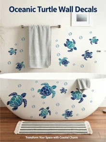 1 Peça Adesivo de Parede com Gradiente Azul-Verde, Céu Estrelado, Oceano, Tartaruga Marinha e Bolhas, À Prova d'Água & À Prova de Umidade, Removível Sem Deixar Rastros, Autoadesivo, Adequado para Portas de Vidro de Banheiro, Banheiras, Azulejos de Chuveiro. Adesivo de Decoração DIY para Porta de Vidro de Banheiro, Banheira, Quarto, Suprimentos de Decoração Doméstica, Presente de Aniversário & Formatura. - Adesivos de parede - Visão 6