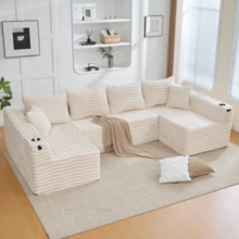 U-Shaped Corduroy Sofa With Cup Holders And Side Pockets, Spring Core Upholstery, 4 Back Cushions And 2 Decorative Cushions - Beige - View 3