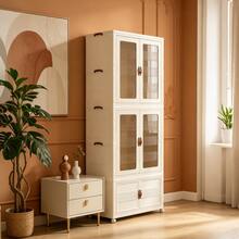 White Foldable Storage Cabinet | No Assembly Required (Or Simple Assembly) | Thickened PP Material | Suitable For Bedrooms, Bathrooms, And Laundry Rooms | Features Lockable Swivel Casters And Magnetic Double Doors - Apricot - View 3