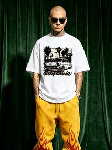 Camiseta de manga corta de cuello redondo suave y casual para hombre en verano, con estampado gráfico de coche vintage de California, adecuada para uso diario. - Blanco - Ver 1