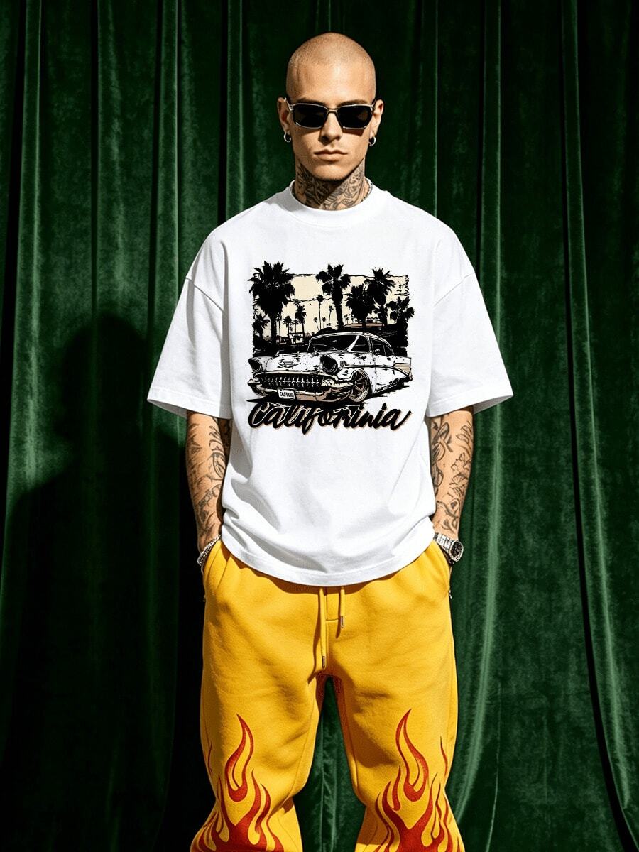Camiseta de manga corta de cuello redondo suave y casual para hombre en verano, con estampado gráfico de coche vintage de California, adecuada para uso diario. - Blanco - Ver 1