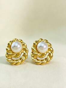 Stainless Steel Gold-Plated Heart Stud Earrings, Pearl Earrings For Women, Low Allergy Jewelry Gift, Suitable For Sensitive Ears - Multicolor - View 3