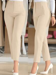 Pantalon de pinzas para mujer con tejido ligeramente elástico y diseño de cintura alta - Beis - Ver 1