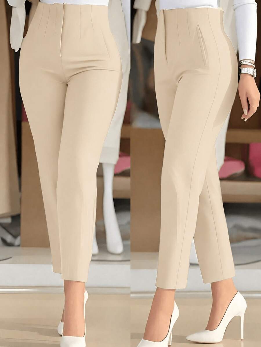 Pantalon de pinzas para mujer con tejido ligeramente elástico y diseño de cintura alta - Beis - Ver 1