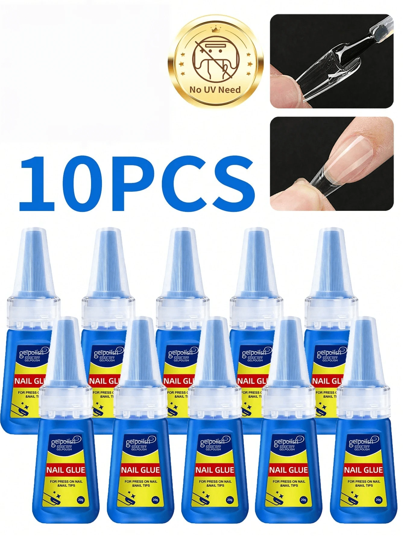 GELPOLISH 10PCS 20G Super Strong Nail Glue For Acrylic Nails,Nail Tips, Press On Nails,Fake Nails, Salon Quality Brush On Nail Glue Easy Application Long-Lasting False Nail Glue