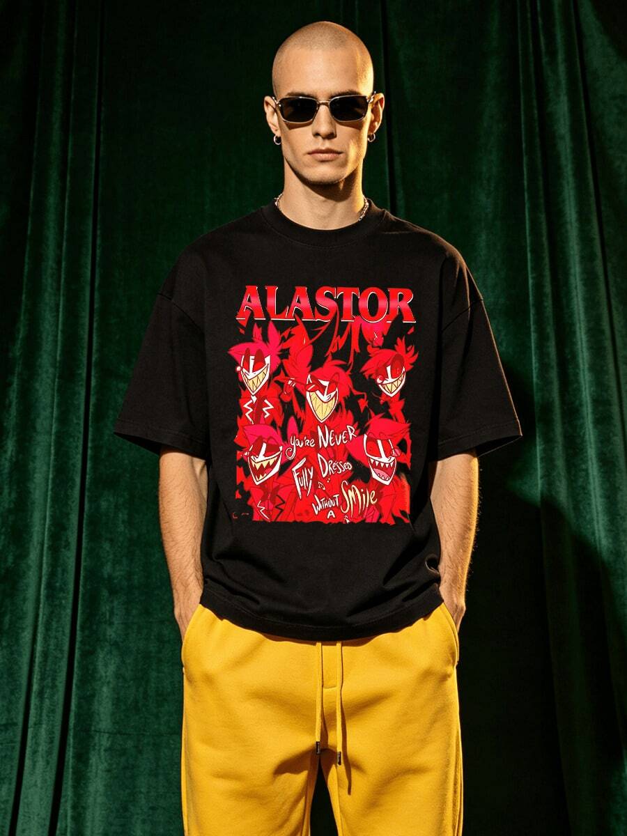 Men's Summer Casual Soft Round Neck Short Sleeve-Shirt,Red Cartoon Demon Print Graphic Daily Wear. - 黑色 - 查看 1