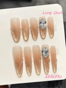 10 piezas de uñas postizas ovaladas/stiletto hechas a mano, Y2K, vacaciones de verano, temporada de graduación, otoño e invierno, adecuadas para niñas y mujeres, festivales, festival de música, uso diario, regalo del Día de San Valentín. - Dorado - Ver 18