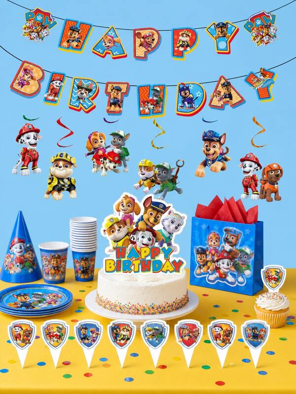 Paw Patrol Themed Set , Includes Cake Flag, Pull The Flag, & , Suitable For Themed Parties, New Year Gatherings, Birthday Parties, Picnics