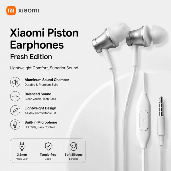 Xiaomi Original Authentic Piston Earphones Fresh Edition, Black And Silver Optional, In-Ear Phone Earphones, 3.5mm Wired Earphones, Universal Earphones, Medical-Grade Ear Canal Data, More Comfortable Wear, Built-In Call Microphone, Third Generation Balanced Damping System