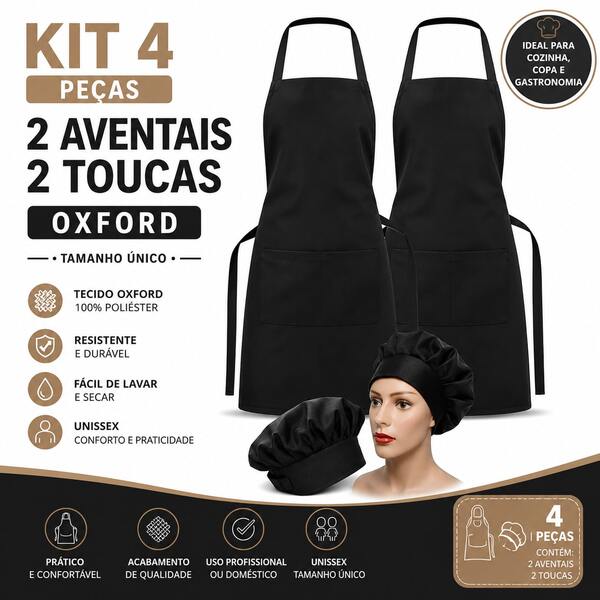 Kit 2 Aventais + 2 Toucas Oxford 100% Poliéster | Tamanho Único | Uso Profissional Cozinha e Restaurante