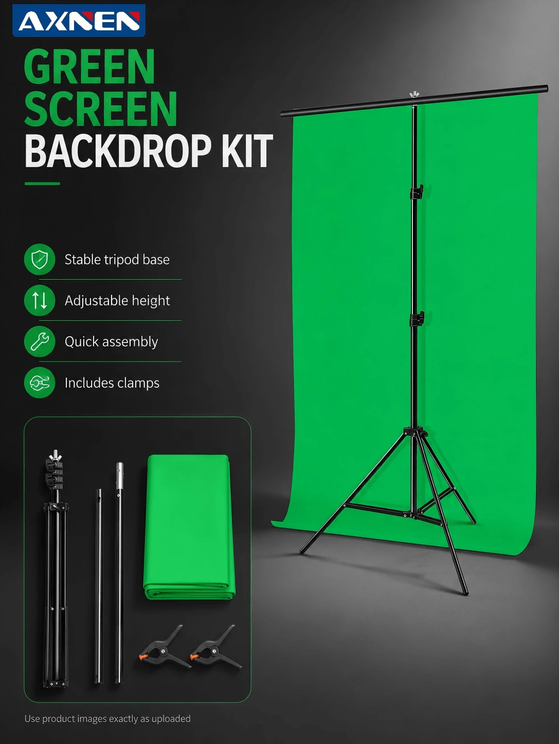 AXNEN 200cm x 100cm Verstellbares Fotohintergrund-Stützset, inklusive Stativ, 2 Querstangen und 2 Clips, optionaler Greenscreen-Stoff, geeignet für Fotostudio, Videoaufnahmen, Partydekoration, Veranstaltungsaufbau und Hochzeitsfotografie - Übersicht 1