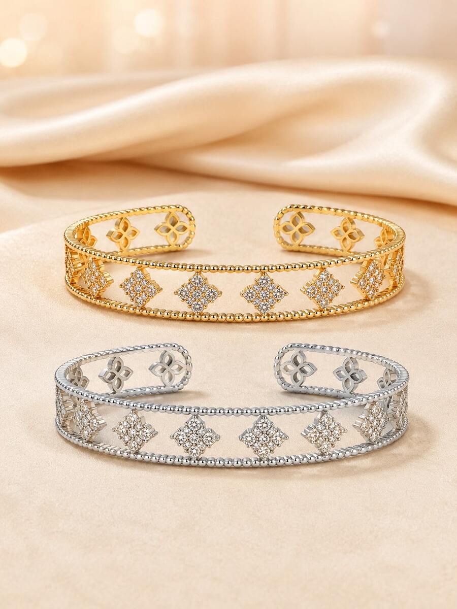 1pc Elegant Double-Layer Zirconia Embellished Rhombus Four-Petal Flower Open Bangle Bracelet For Women, Versatile Fashion Accessory For Party And Gathering - Bracelet - View 1