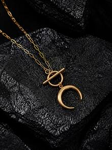 1pc Stainless Steel 18K Gold Plated Oil-Pressed Moon Horn Crescent Curved Pendant With QT Clasp Necklace - Multicolor - View 7