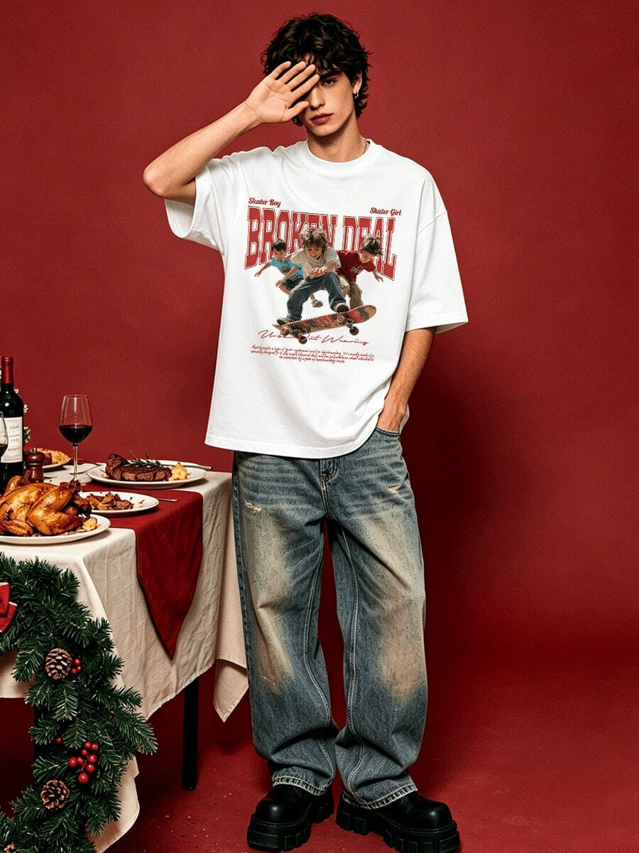 Camiseta de manga corta con cuello redondo suave y casual de verano para hombre, con estampado gráfico de skate, adecuada para uso diario. - Blanco - Ver 1