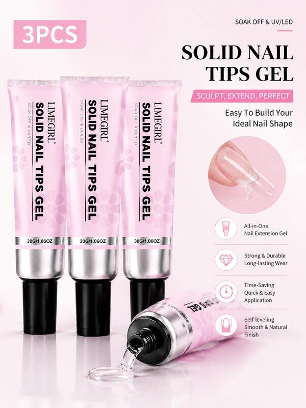 LIMEGIRL 3 piezas Puntas de uñas sólidas de gel 30g transparente Todo en uno UV LED Extensión de uñas Pegamento escultórico Autonivelante Larga duración Manicura con remojo