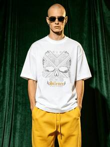 Herren Sommer Lässig weiches Rundhals Kurzarm-Shirt, verzierter Paisley Totenkopf Stille Slogan Muster Grafik geeignet für den täglichen Gebrauch. - Weiss - Übersicht 1