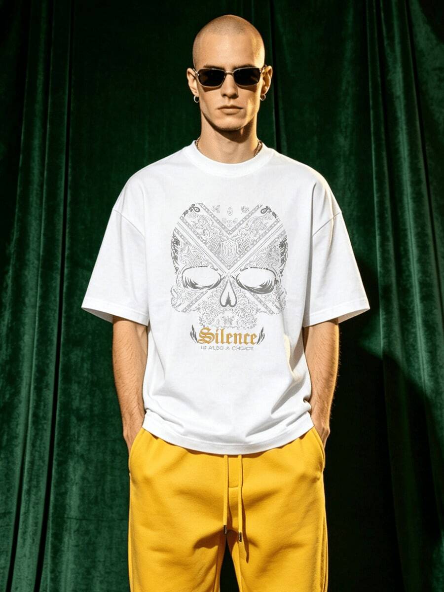 Herren Sommer Lässig weiches Rundhals Kurzarm-Shirt, verzierter Paisley Totenkopf Stille Slogan Muster Grafik geeignet für den täglichen Gebrauch. - Weiss - Übersicht 1