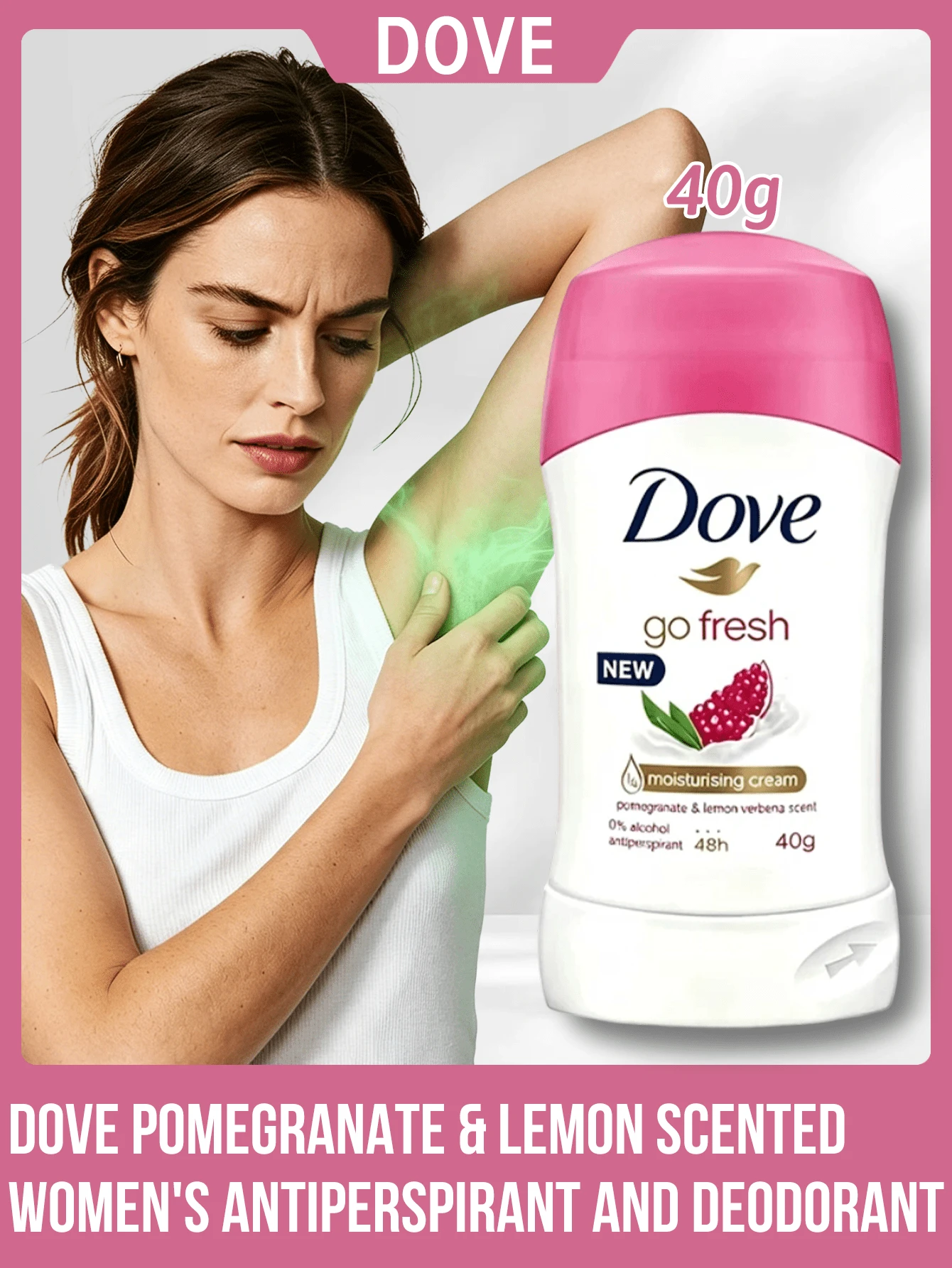 Dove 石榴與檸檬香氛女性止汗除臭膏,48小時吸汗微鹽配方,持久清新乾爽不黏膩,便攜式,0%酒精,保濕乳霜,吸汗腋下護理,異味控制,日常夏季敏感肌適用,40g - 石榴香40g - 查看 1