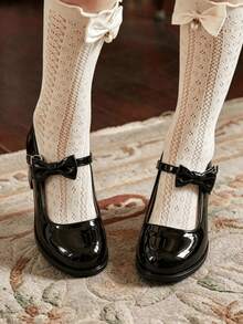Girls' Black Shiny Bow Mary Jane Shoes | Mid-Heel Single Strap Princess Style - Black - View 3
