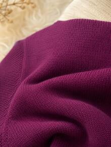 Plus Size Women Soft Round Neck Sweater, Retro Fresh, Casual For Spring, Suitable For Spring/Autumn/Winter, Solid Color Knitted Fabric, No Plus Size Women Sweater For Holiday Spring Autumn - Purple - View 5