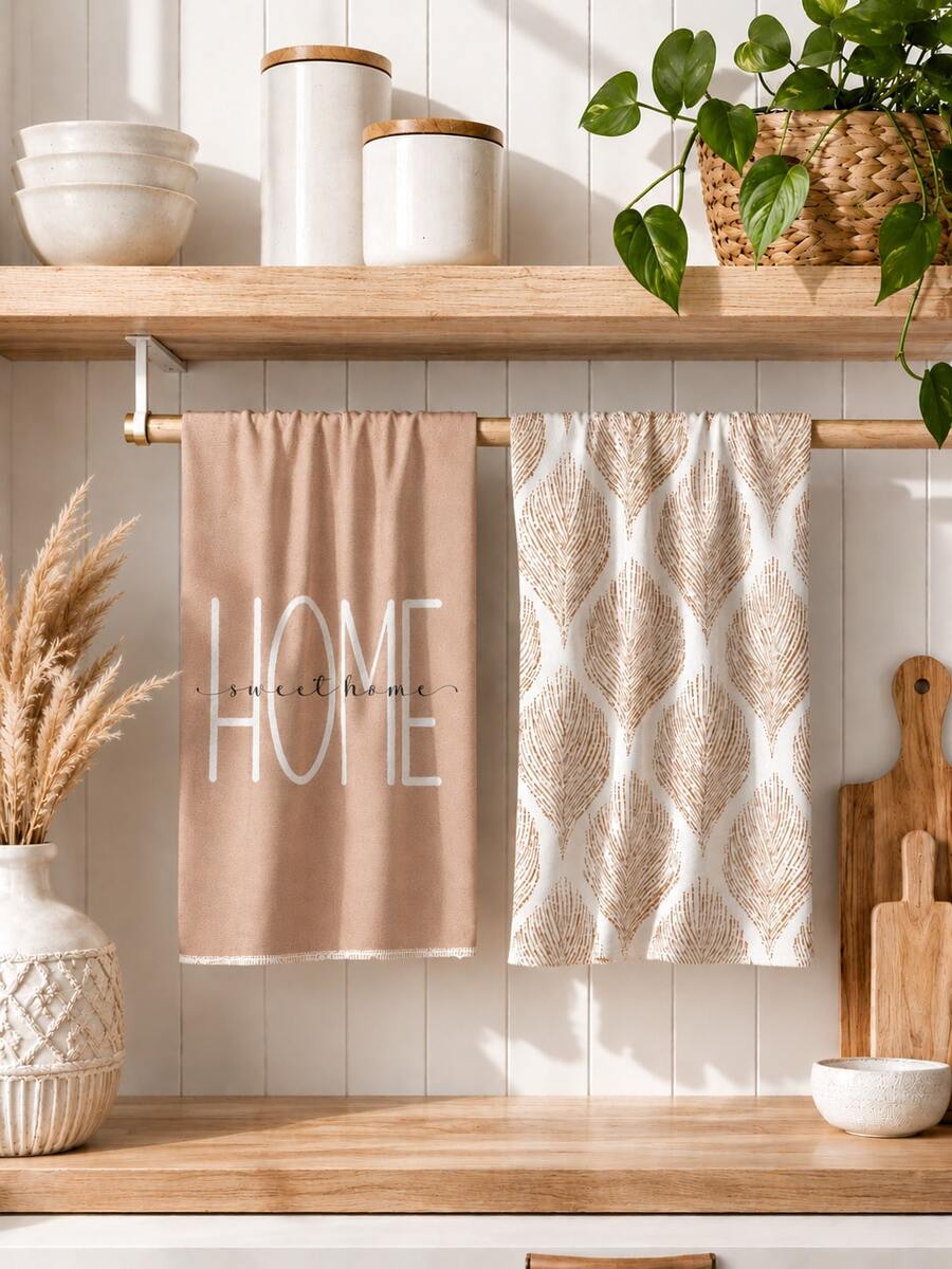 2pcs Simple Brown Geometric Leaf "Sweet Home" Pattern Kitchen Towels, Soft Polyester Material Dish Cloths, Suitable For Kitchen Decor, Cleaning, Holiday Party Decoration, Kitchen & Bathroom Essentials, Home Decor, Housewarming Gift - Multicolor - View 1