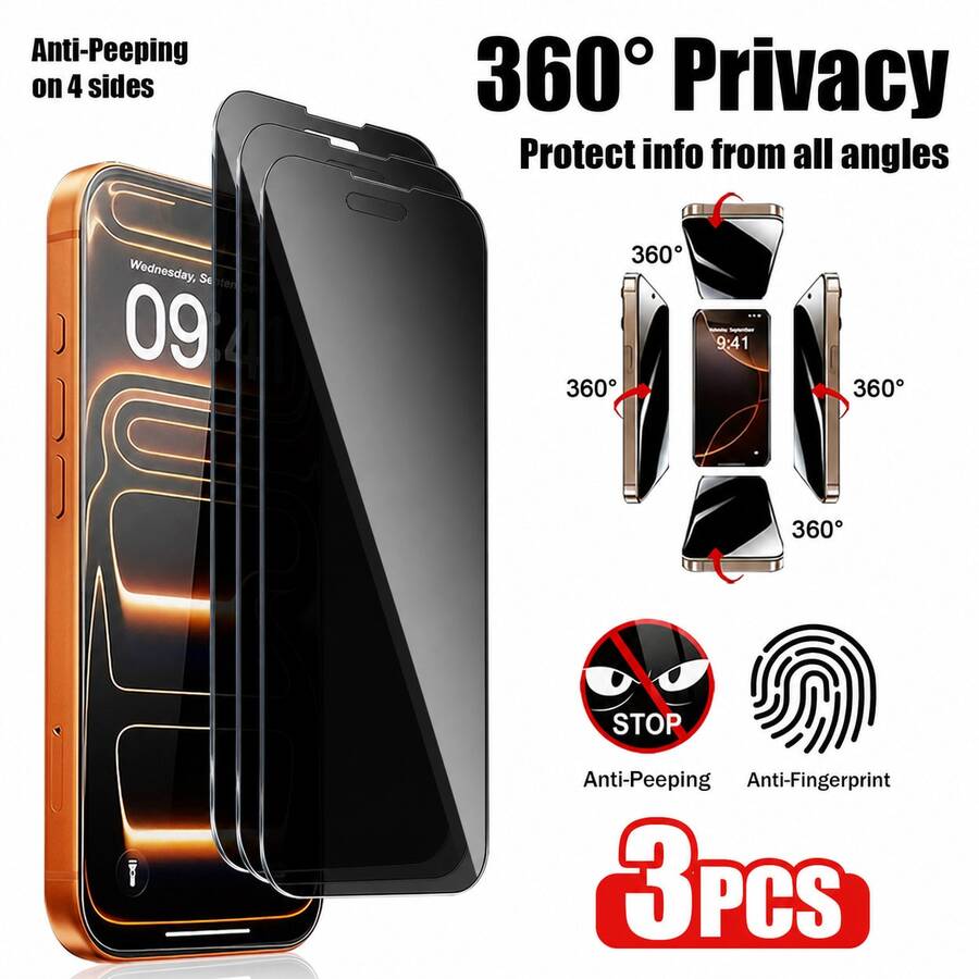 XINHONGYU 3片裝 360°全覆蓋隱私鋼化玻璃螢幕保護貼,4層防護,5倍強化玻璃,防偷窺、防摔、防刮、防指紋,無氣泡易安裝,相容手機殼,適用於 iPhone 17 Pro Max/17 Pro/17 Air/17/16E/16 Pro Max/16 Pro/16 Plus/16/15 Pro Max/14 Pro Max/13/12/11/XS Max/XR - 3件 - 查看 1