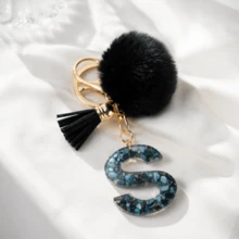 1pc Black Shell Slice Shiny Letter Keychain (A-Z) - Shell Stone Resin Letter Pendant With Pop Pom Pom, Leather Tassel, Fashionable Key Ring, Suitable For Bags/Cars, Cute Gift For Women And Mothers - Multicolor - View 8