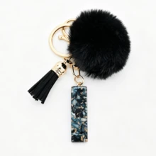 1pc Black Shell Slice Shiny Letter Keychain (A-Z) - Shell Stone Resin Letter Pendant With Pop Pom Pom, Leather Tassel, Fashionable Key Ring, Suitable For Bags/Cars, Cute Gift For Women And Mothers - Multicolor - View 12