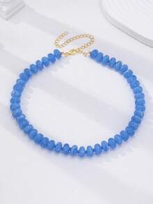 1pc Women's Colorful Flat Acrylic Beaded Necklace - Multi-Layer Resin Beaded Necklace - Bohemian Style, Suitable For Vacation And Casual Wear - Sky Blue - View 2