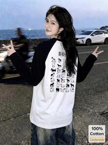 Women's Autumn Raglan Sleeve Long Sleeve T-Shirt, Cartoon Print, Loose Oversize Mid-Length Top Casual - Black and White - View 2