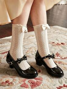 Girls' Black Shiny Bow Mary Jane Shoes | Mid-Heel Single Strap Princess Style - Black - View 2