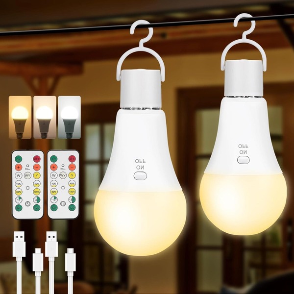 可充電燈泡附遙控器，停電時可持續照明，緊急電池供電燈泡，3色可調光，適用於居家、露營、帳篷 (E26，附掛鉤)，1/2入裝