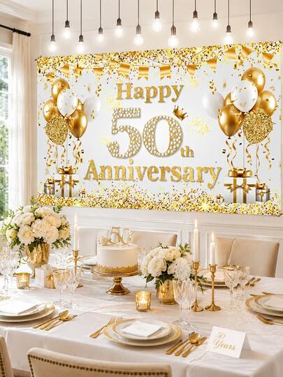 1件 金婚 50週年紀念裝飾 背景布條 Happy 50 Years 派對用品 金色亮片拍照亭背景 蛋糕桌牆面裝飾海報