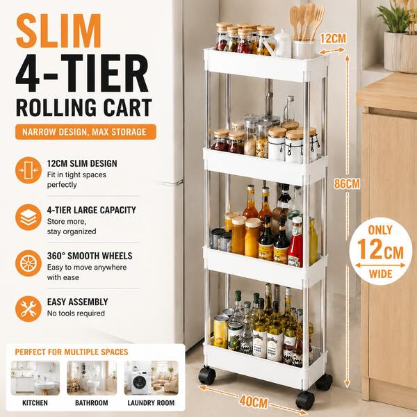 1 pieza Carrito de almacenamiento rodante de 4 niveles ultra delgado con estantes deslizantes, estante de utilidad práctico para cocina, baño, lavandería, espacios estrechos, plástico y acero inoxidable, blanco, almacenamiento