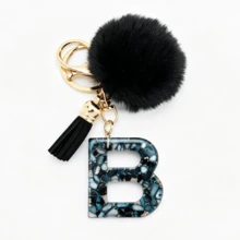 1pc Black Shell Slice Shiny Letter Keychain (A-Z) - Shell Stone Resin Letter Pendant With Pop Pom Pom, Leather Tassel, Fashionable Key Ring, Suitable For Bags/Cars, Cute Gift For Women And Mothers - Multicolor - View 20