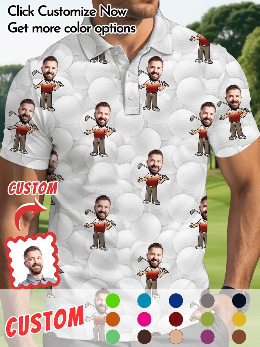 Personalized Men's Polo Shirt With Face Print, Customized Photo Short Sleeve Golf Shirt, Unique Gift For Boyfriend Husband Father, Anniversary Gift - Multicolor - View 1