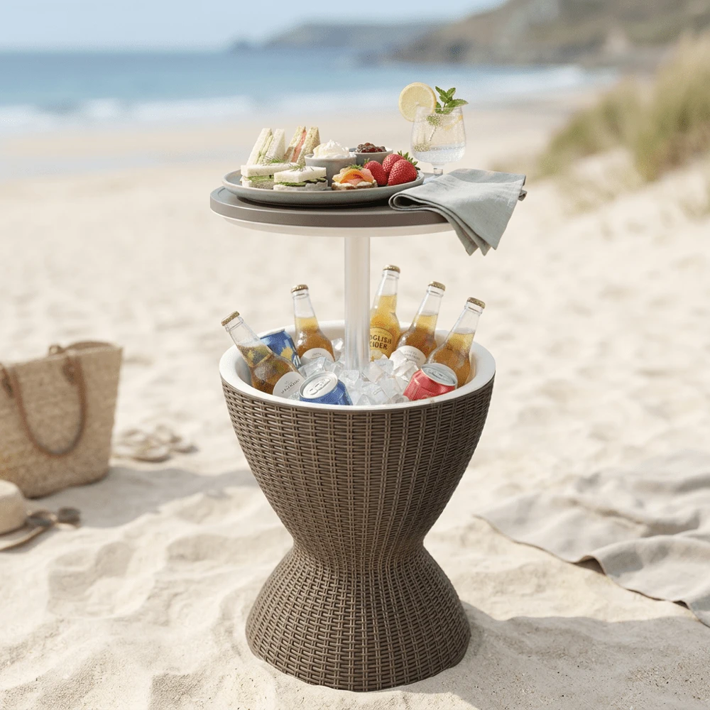 Portable Cooler Table 30L - Insulated Ice Box With Built-In Side Table, Outdoor Beach Camping Essential - Khaki - View 1