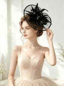 1pc Women's Solid Color Fascinator Hat, Tea Party Hat, Kentucky Derby Hat, Feather Hair Clip, Bridal Wedding Party Birdcage Veil Headpiece, Horse Racing Headpiece, Vintage Hat, 50s Costume Hat, Victorian Hat, Pillbox Hat, Women's Accessories, Mother's Day Halloween Christmas Gift, Mini Headpiece - Black - View 5