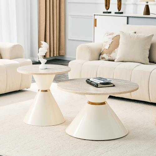 Set Of 2 Nesting Coffee Tables, Melamine Tabletop In Travertine Look, Cream White Metal Cone With Gold Accents, Space-Saving For Living Room, Bedroom & Office