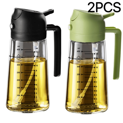 [2 piezas/Juego] Botella rociadora de aceite de vidrio grueso transparente de 470ml mejorada, 2 en 1 rociado y vertido, a prueba de fugas y goteos, con líneas de medición y asa cómoda, botella de control de aceite esencial para cocina, freidora de aire, parrilla, cocción, ensalada, regalo festivo