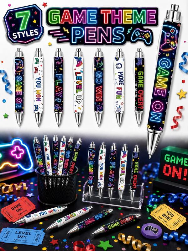 10pcs Neon Electronic Game Theme Ballpoint Pens, Retro Pixel Neon Design "Game On" Game Party Favors, Wholesale Birthday Party Supplies Classroom Rewards, Suitable For Gamer Birthday Party Gifts And Stationery Gifts, Nostalgic Gamer Birthday Party Giveaways