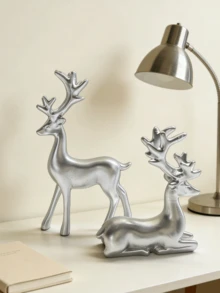 Silver Deer Resin Decor 2pcs Set, Room Decoration, Bedroom Decor, Best Gift, Winter Decoration, Home Wedding Decor, Home Decor, Jewelry Collection Box, Party Decoration, Valentine's Day Birthday - Multicolor - View 8
