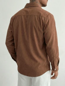 Men's Solid Color Long Sleeve Single-Breasted Utility Pocket Casual Shirt - Brown - View 2