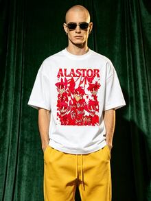 Herren Sommer Lässig weiches Rundhals Kurzarm-Shirt, roter Cartoon Dämon Muster Grafik Alltagskleidung. - Weiss - Übersicht 1